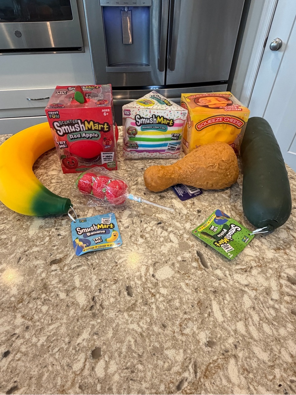 SmushMart Bundle Squishy Food Bundle- Banana, Pickle, Chicken Drumstick Cake